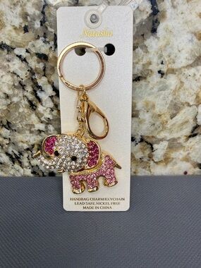 NWT Natasha Elephant Couture Pink & Gold Crystal Moveable Keyring Keychain